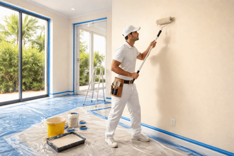 Pintores profesionales en Mérida protegiendo pisos y muebles - Yucaman