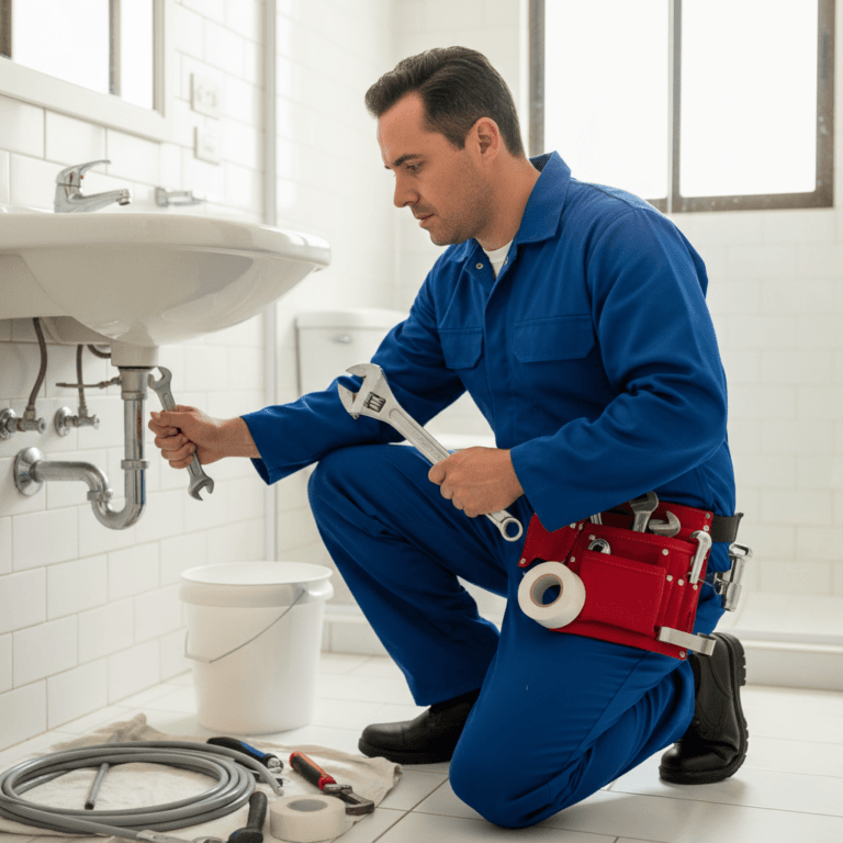 Plomero en Mérida realizando reparación de fuga de agua en lavabo - Yucaman